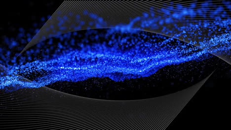 animación de partículas azules flotantes sobre líneas curvas blancas paralelas, moviéndose en negro