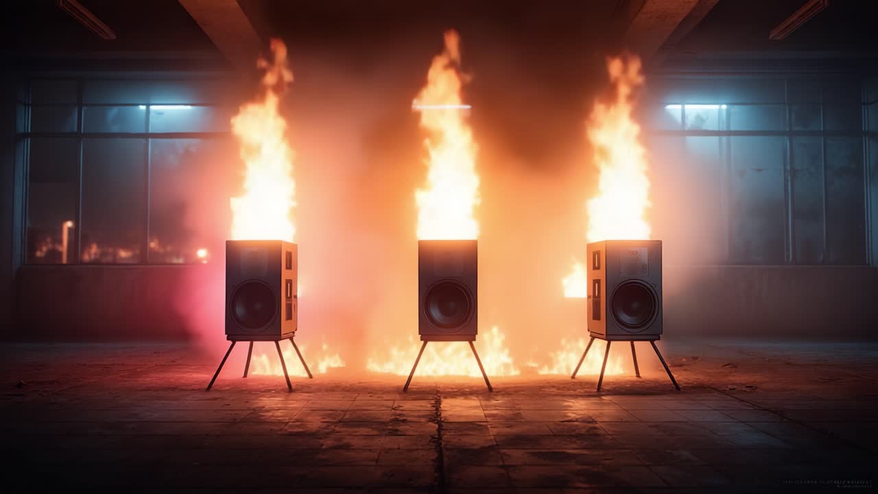 Dynamische Darstellung brennender Lautsprecher in einem dunklen Raum voller Neonlichter, die Energie und Bewegung inmitten lodernder Flammen und Rauch hervorhebt