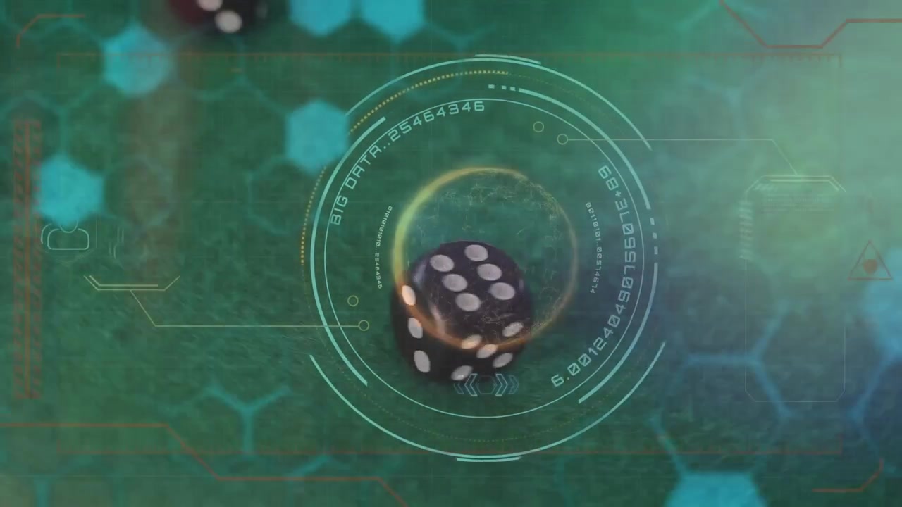 Futuristic Digital Display with Rolling Dice and Big Data Visualization