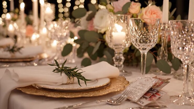 A Beautifully Set Dinner Table Adorned with Elegant Candles, Crystal Glassware, and Soft Floral Arrangements, Perfect for a Romantic Evening or Special Celebration