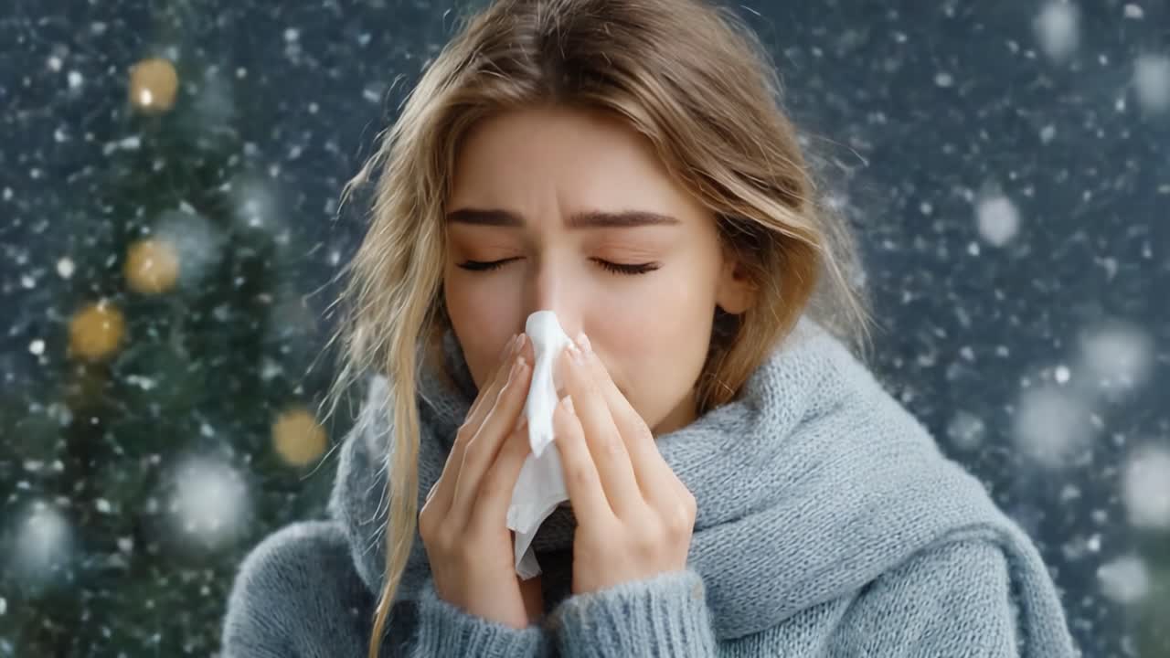 A Young Woman Struggles with Allergies in a Winter Wonderland, Sneezing into a Tissue While Surrounded by Falling Snow and Distant Holiday Lights
