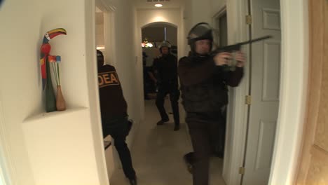 a swat team with dea officers clears a house during a drug raid