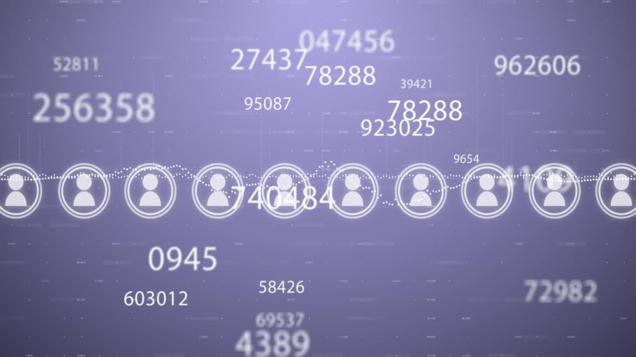 animación de iconos, números y procesamiento de datos financieros sobre un fondo púrpura