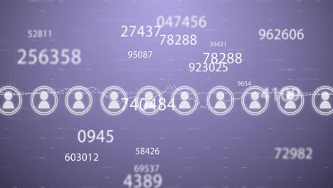 animation of icons, numbers and financial data processing over purple background