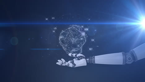 animación de la red de conexiones que procesan datos sobre la mano del brazo del robot sobre un fondo oscuro