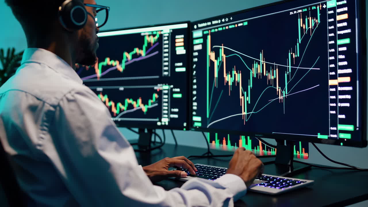 Trader analyzing stock market data on multiple monitors