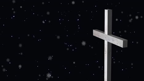 animation of snow falling over white cross on black background