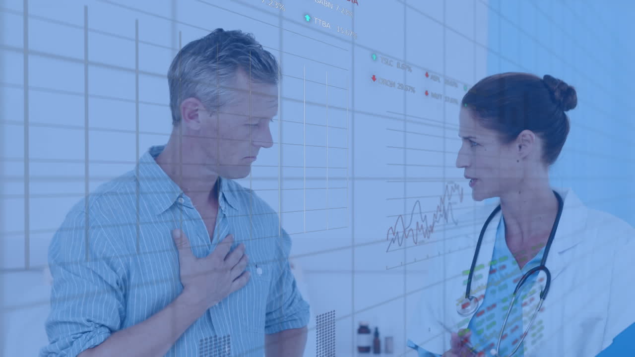 Animation af grafer og en handelsplatform over en kvindelig læge, der rådgiver en mandlig patient