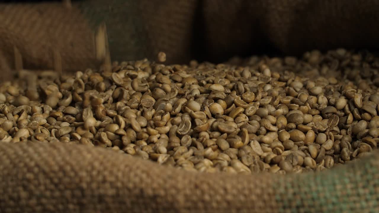 Green Coffee Beans Falling On Pile Of Seed In Sack Bag, Slow Motion
