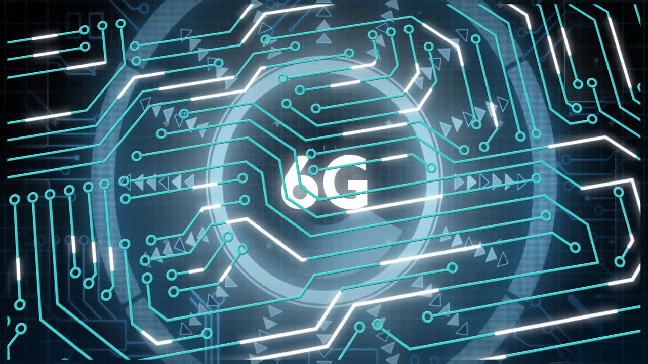 Animation of circuit board pattern with CG text on digital interface background