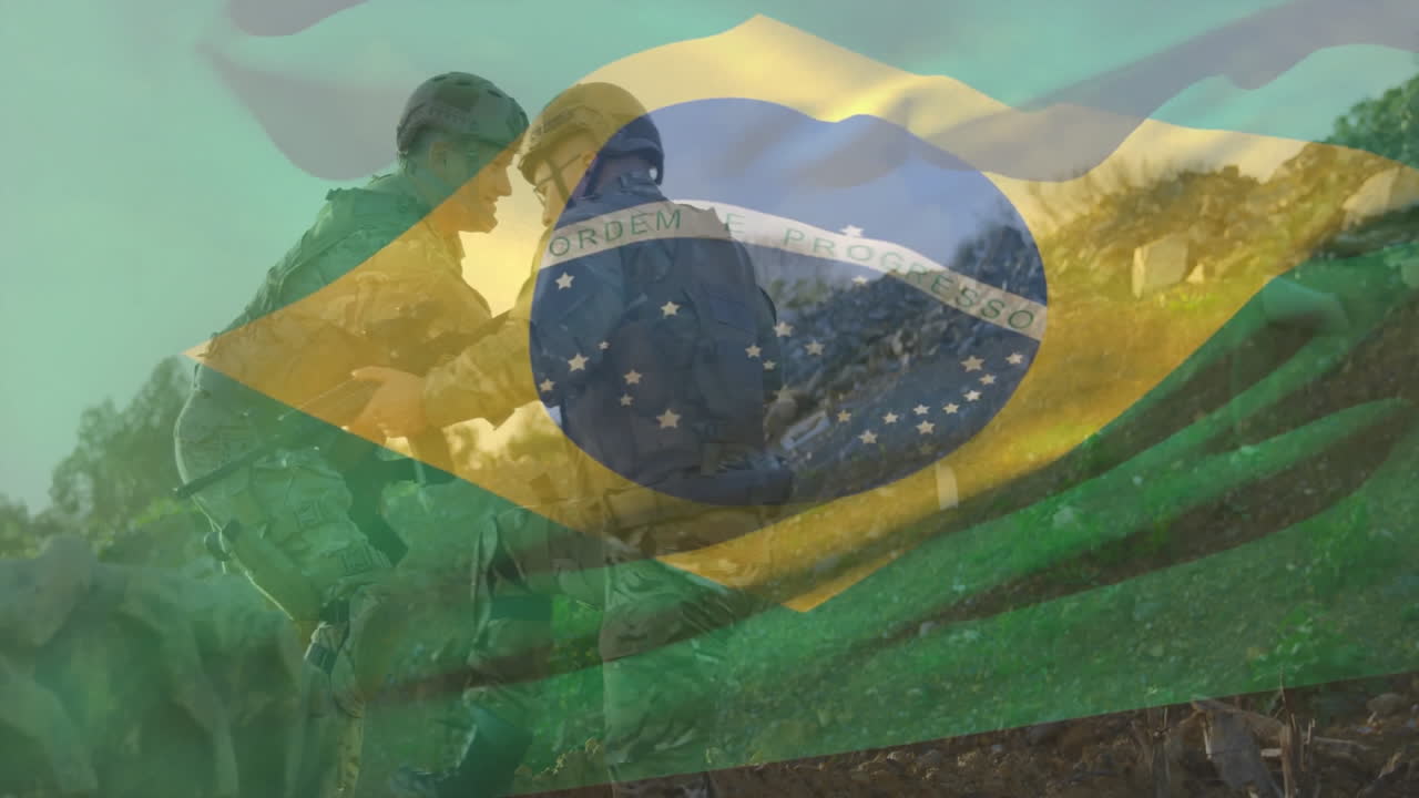 animación de la bandera brasileña sobre soldados con uniformes militares en un entorno al aire libre