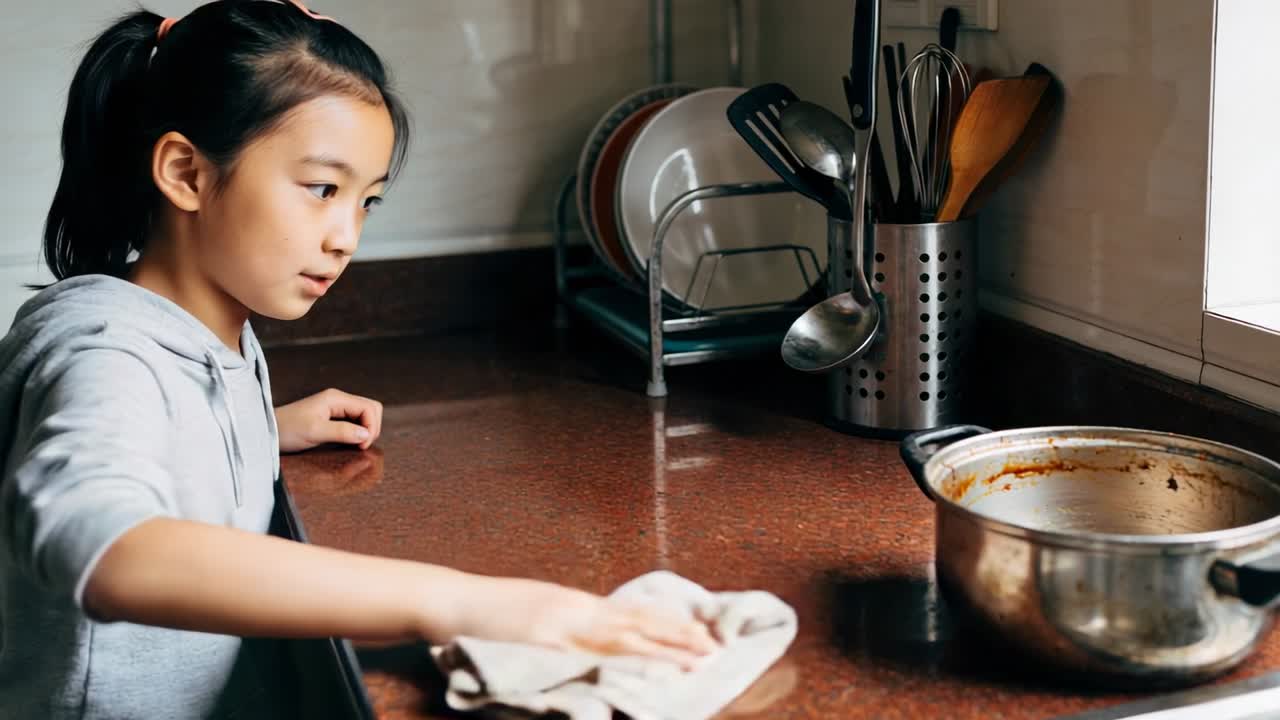 灰色のパーカーを着たアジア人の子供が、金属製の鍋の方へ布でキッチンカウンターを拭き掃除している。余白あり。