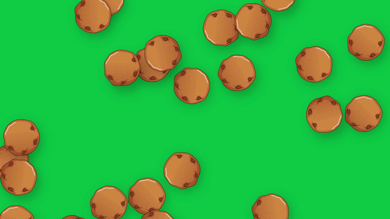 Biscoitos com gotas de chocolate animados caindo em fundo de tela verde