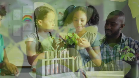 animación de hojas sobre feliz diverso maestro masculino y escolares estudiando plantas en la clase de biología