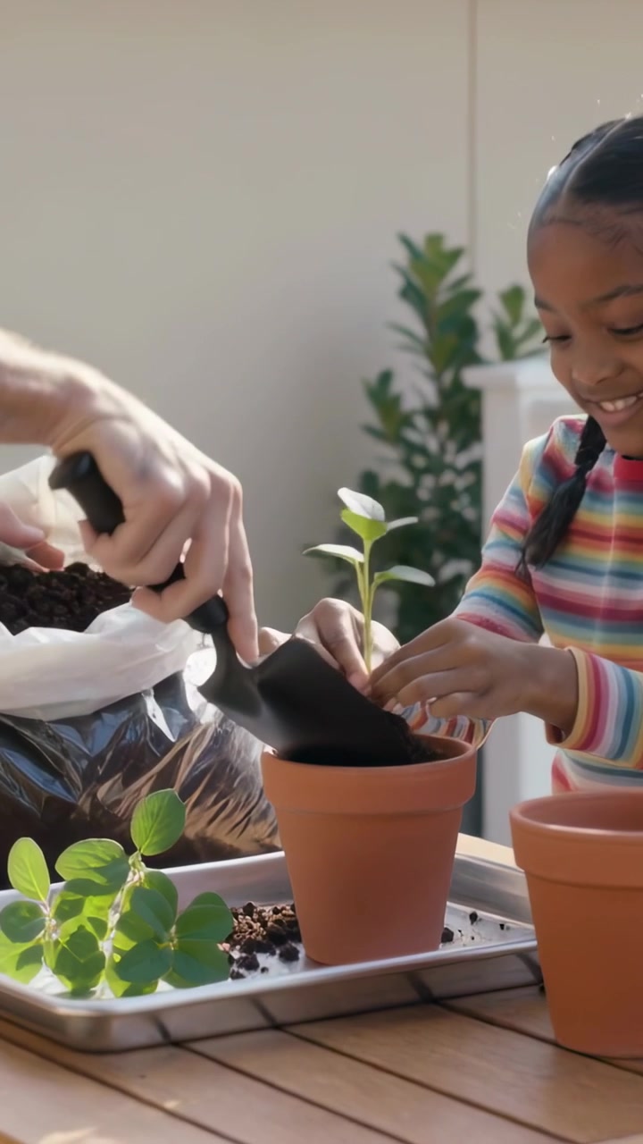 Vertical video: Scooping soil, adult guiding striped-top child potting seedling on patio, clay pot