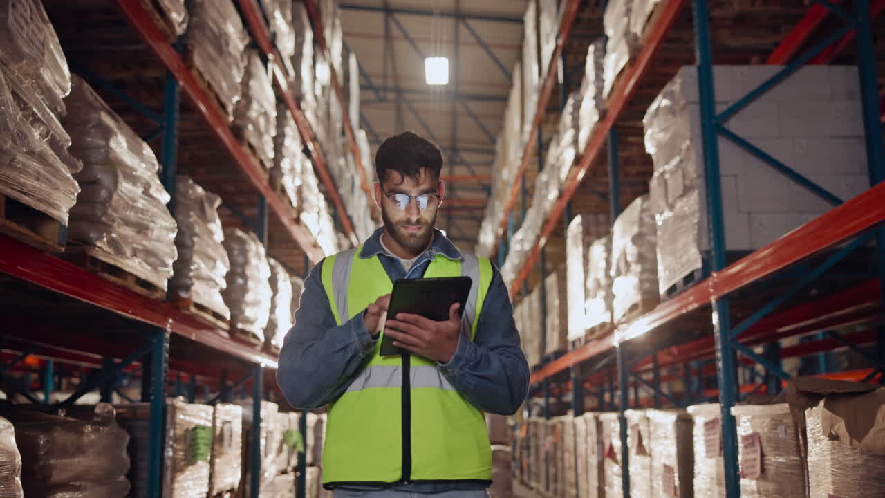 Lavoratore di magazzino che utilizza un tablet per controllare l'inventario