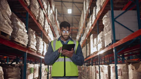 trabajador de almacén que utiliza una tableta para comprobar el inventario