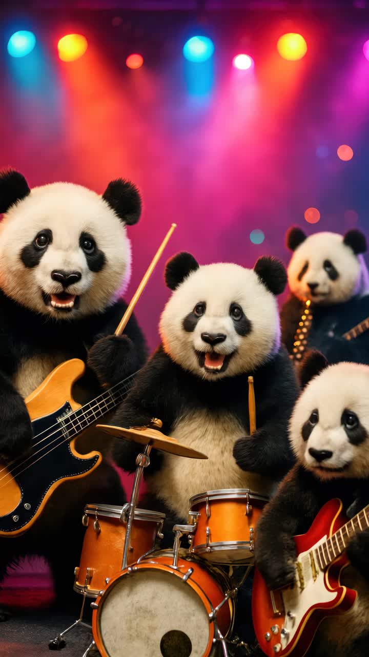 Vivace scena video di panda che suonano strumenti musicali sotto luci colorate del palco