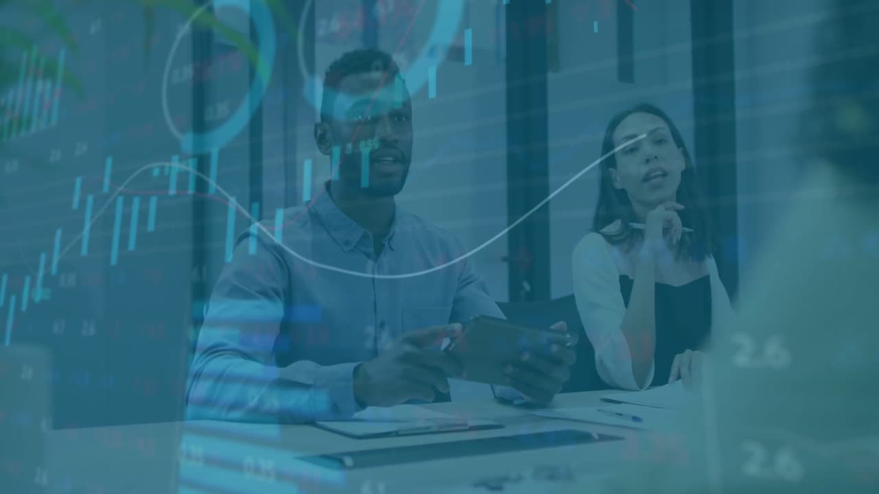 Animation of financial data processing over diverse business people at meeting