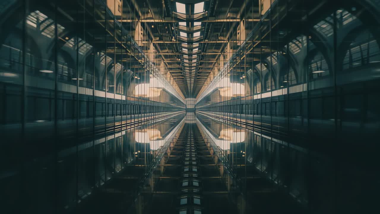 Pushing camera toward vanishing point after brightness increase, revealing hall truss skylights