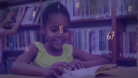 Animación-De-Números-Y-Símbolos-Flotando-Sobre-Una-Niña-Afroamericana-Estudiando-En-La-Biblioteca-De-La-Escuela