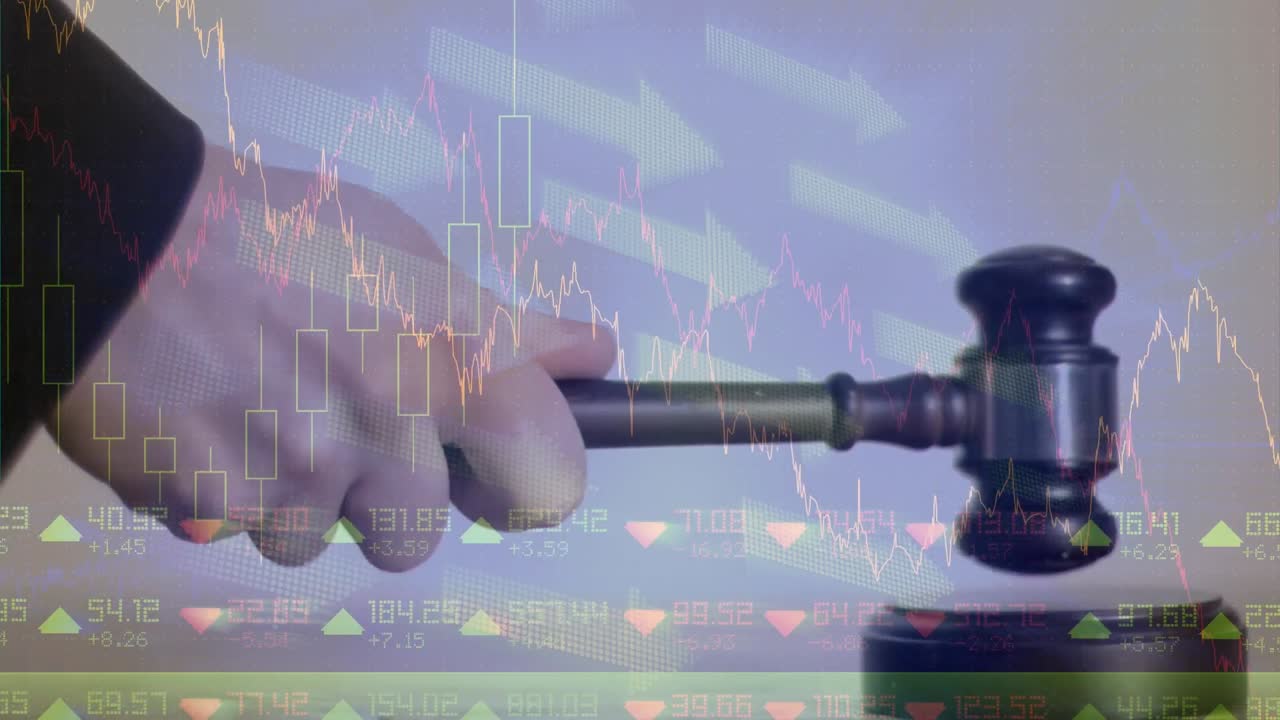 Animation of arrows, statistics and financial data processing over auctioneer's hammer