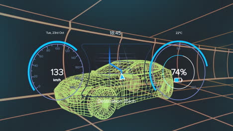 Showing animation of speed and battery, digital car dashboard with navigation