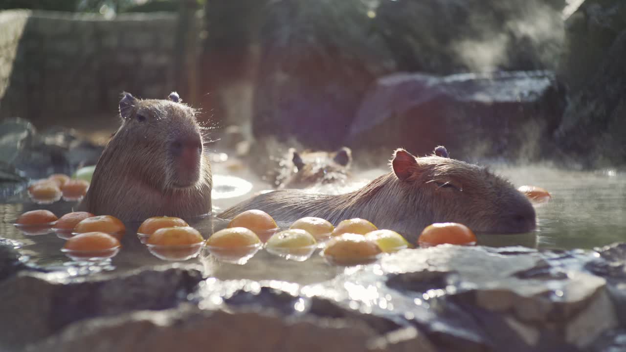 Closeup View Of Two Capybaras Bathing In The Hot Spring With Yuzu Fruits In Izu, Japan - Slow Motion