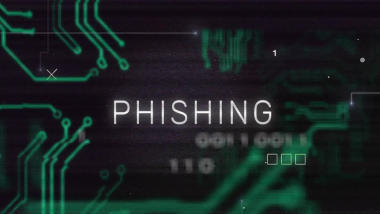 Animation of phishing text and data processing over circuit board