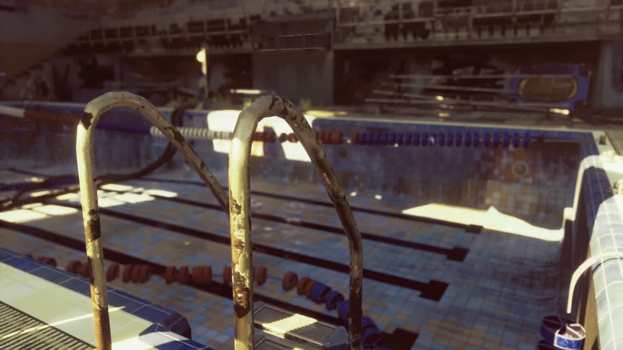 Old pool with worn ladder and empty lanes under sunlight