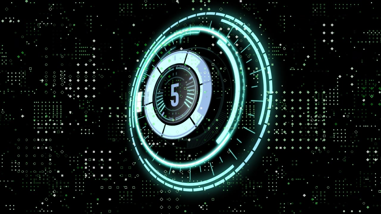 Animation of countdown over neon round scanner over dots pattern against black background