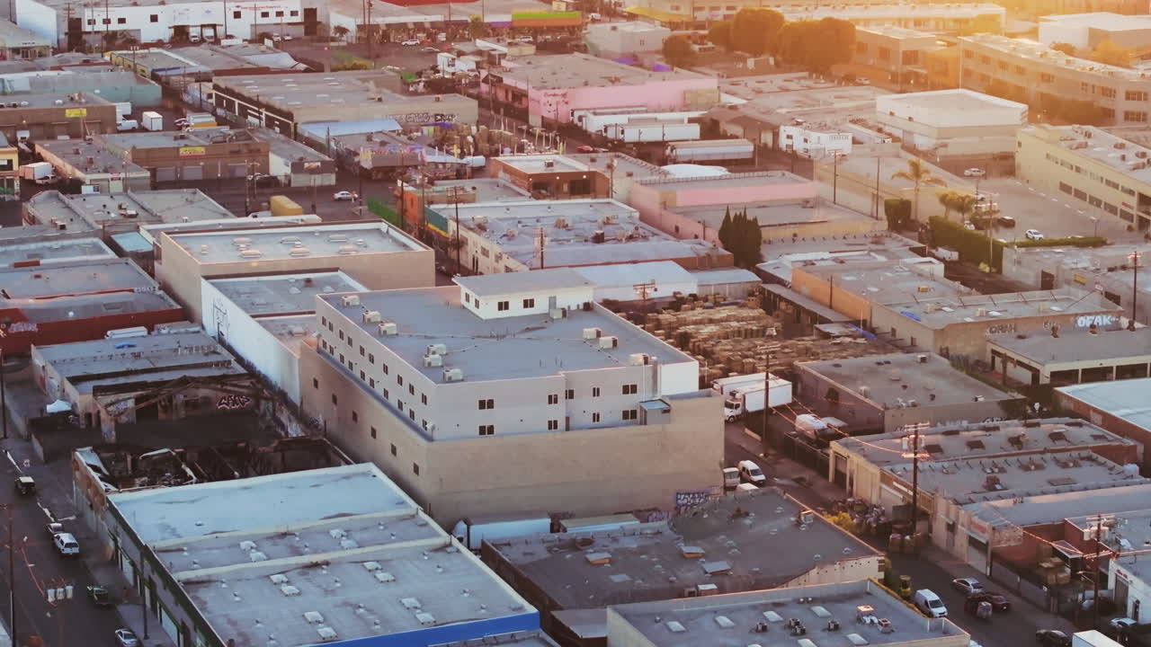 Aerial View of an Urban Industrial Landscape at Sunset
