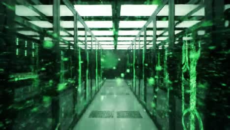 an inside look at a modern data center featuring rows of server racks illuminated by green lights, showcasing cutting-edge technology and the digital backbone of communications.