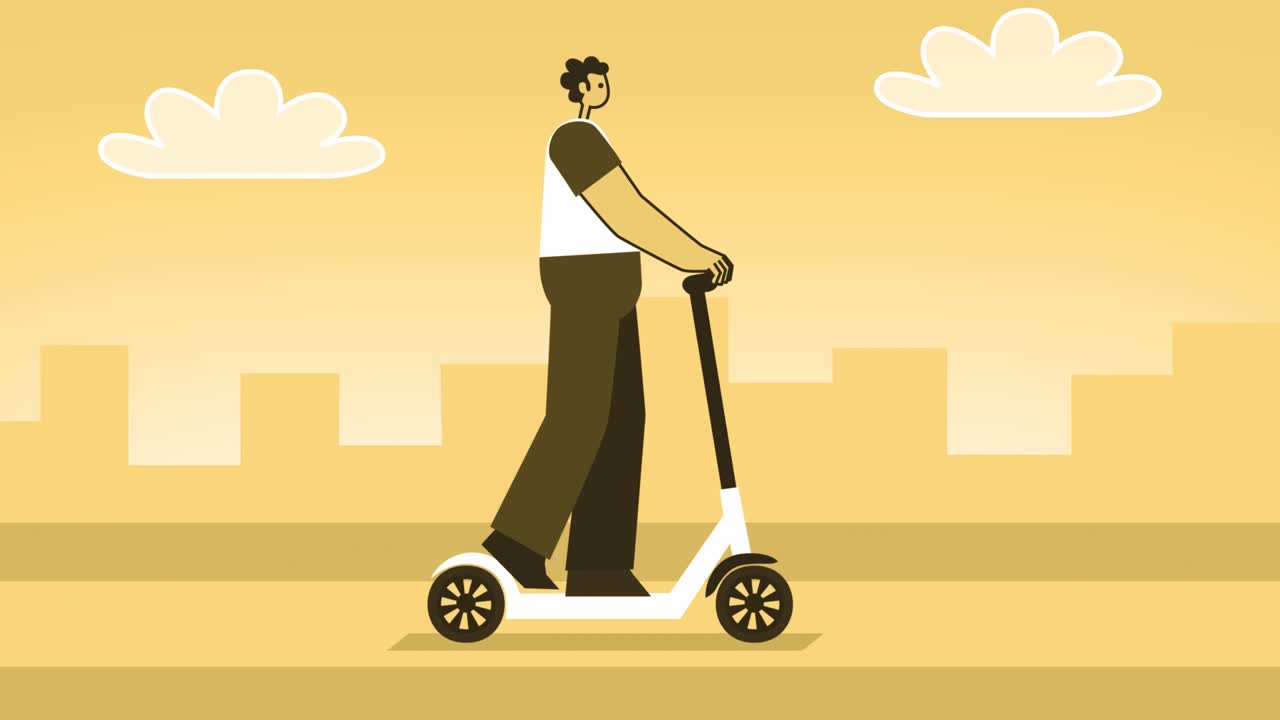 Yellow Style Man Flat Character Riding an Electric Scooter. Isolated Loop Animation with Alpha Matters