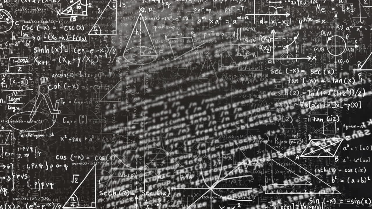 Digital animation of laboratory equipment icons against mathematical equations on black background