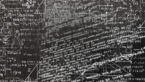 animación digital de iconos de equipos de laboratorio contra ecuaciones matemáticas en fondo negro