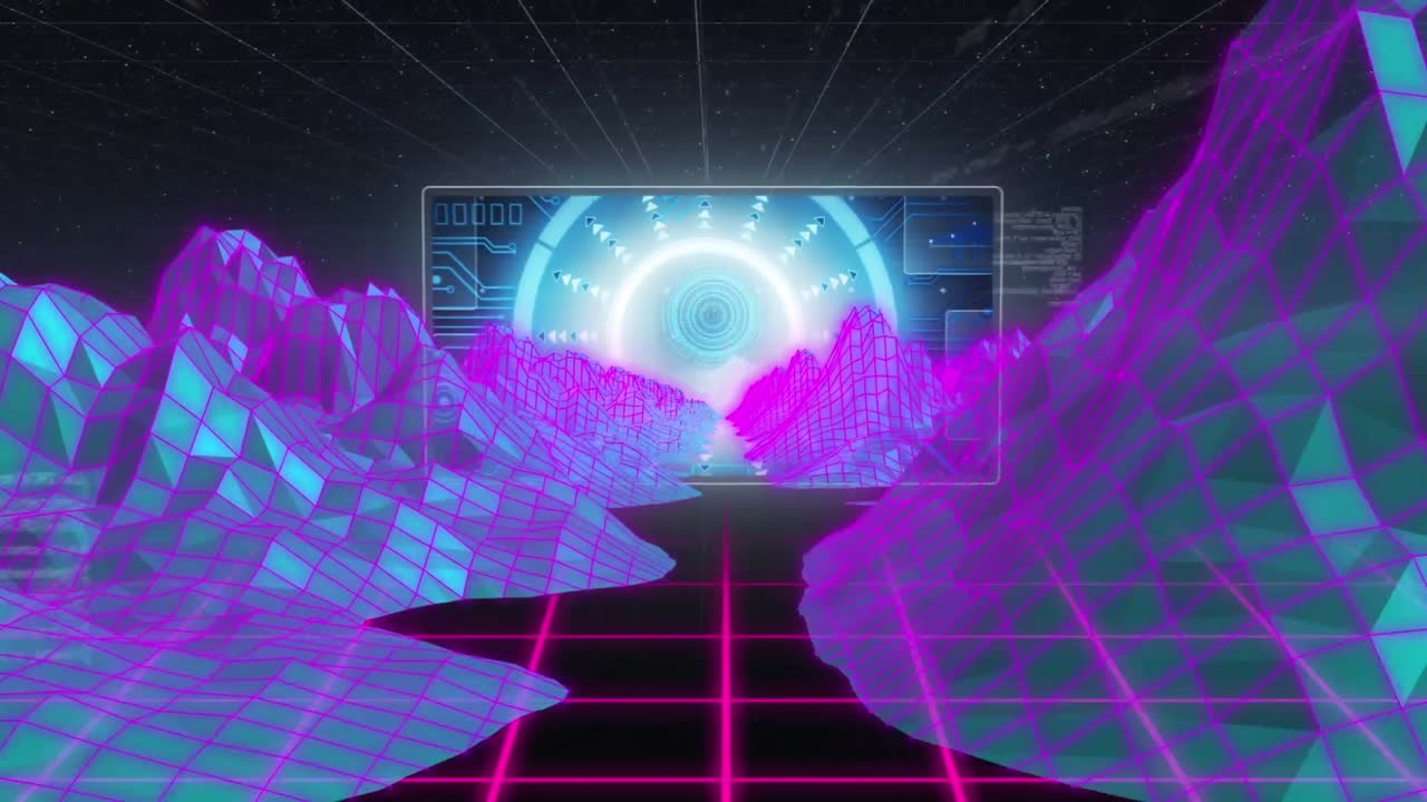 Animation of screen with diverse data over moving mountains in black space