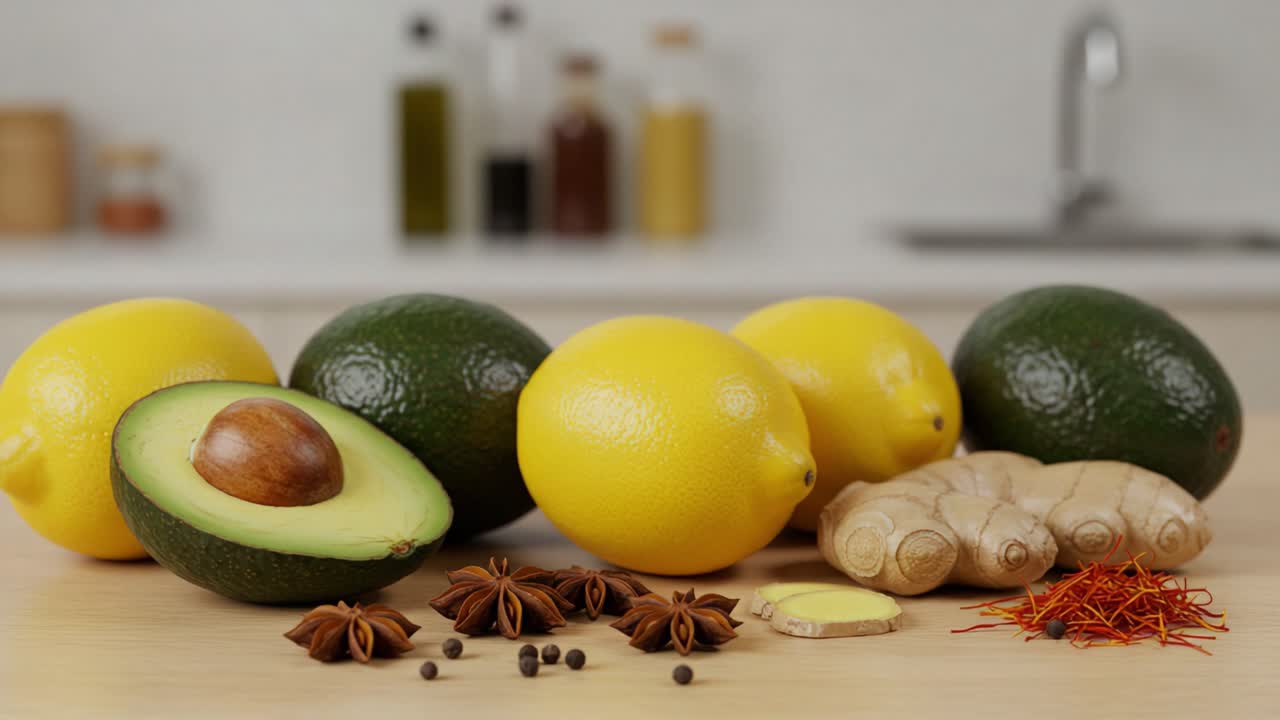 A Vibrant Display of Fresh Lemons, Creamy Avocados, and Aromatic Spices Ready for Culinary Inspiration