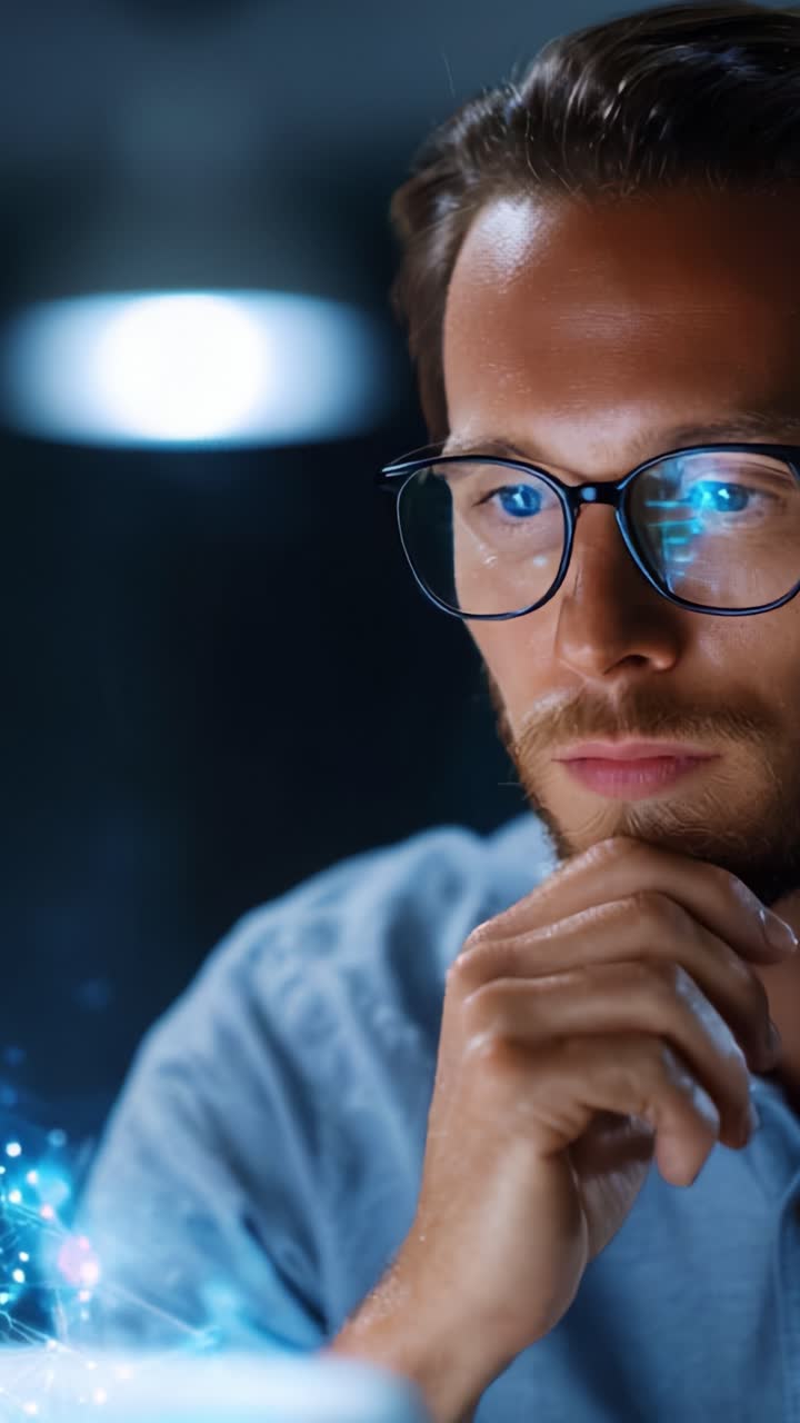 Persona concentrada analizando datos digitales mostrados en una pantalla, mostrando la intersección de tecnología y cognición humana en un entorno oscuro