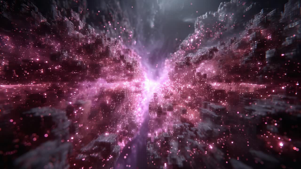 A mesmerizing cosmic journey through a vibrant abstract landscape, showcasing radiant pink hues amidst a backdrop of illuminated particles and sparkling light effects in a digital realm