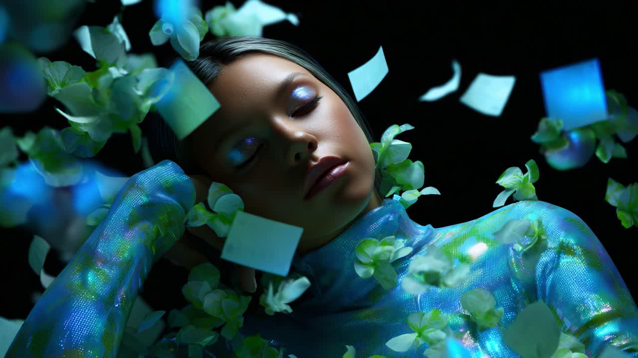 A Dreamy Portrait of a Young Woman Surrounded by Ethereal Floral Elements and Textured Patterns, Captured in a Serene Moment of Reflection Under Soft Lighting and Colorful Accents