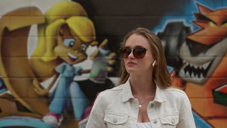 young lady is standing in front of graffiti in toronto