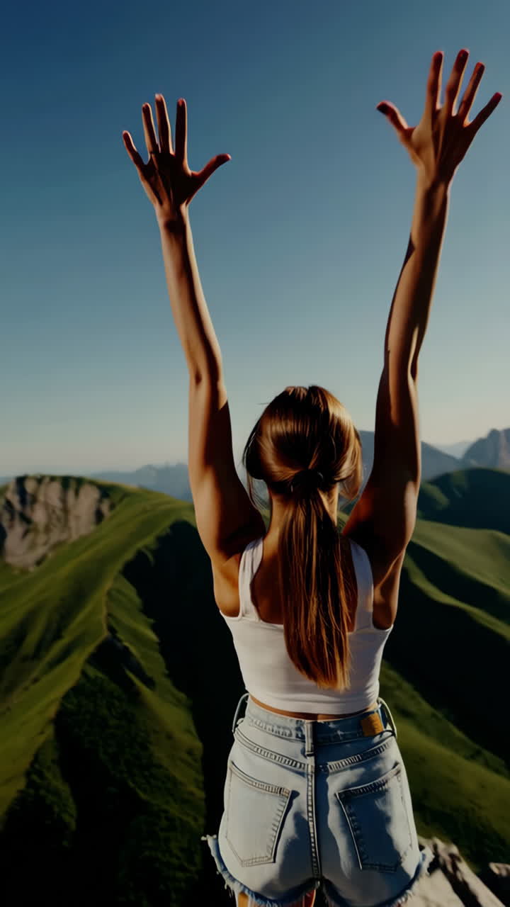 Woman with arms raised on a mountain peak overlooking a vast landscape