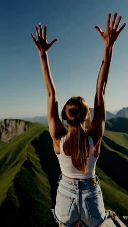 woman with arms raised on a mountain peak overlooking a vast landscape