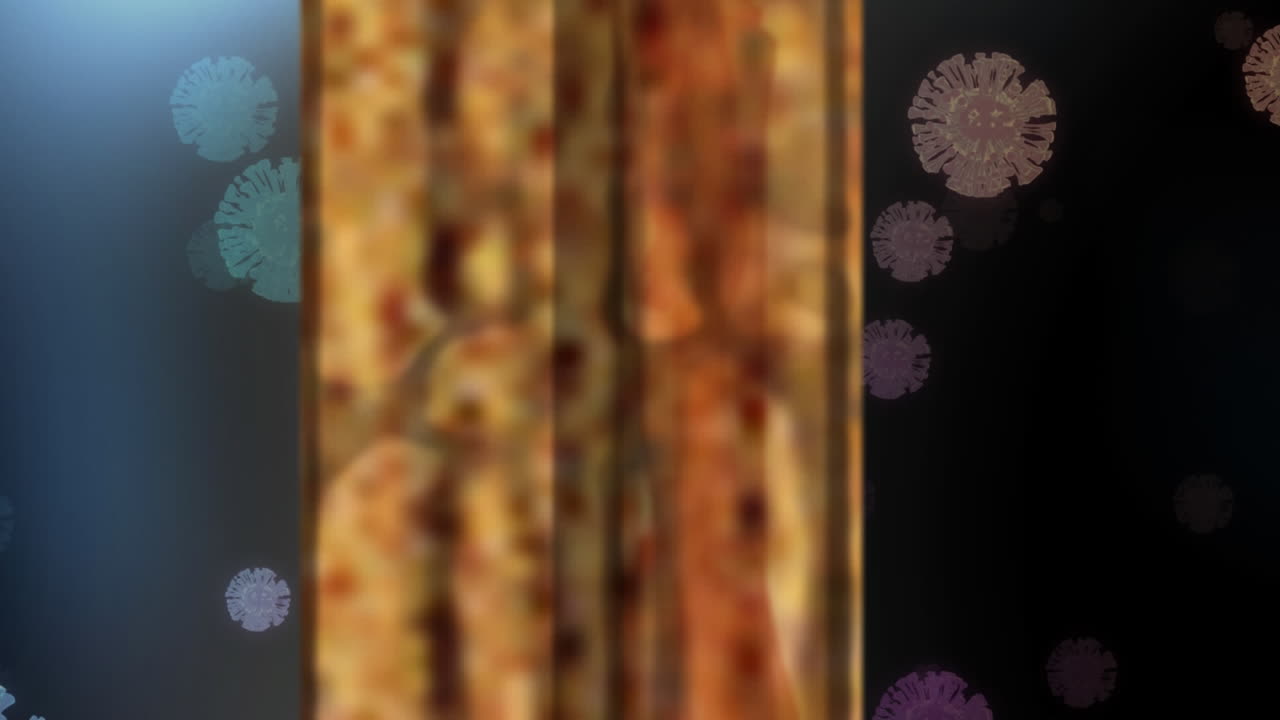 animación de células de covid 19 que se mueven vistas a través de una ventana con decoraciones navideñas