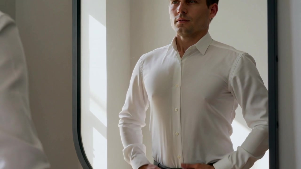 Uomo che nota il suo riflesso, lisciando e abbottonando una camicia bianca allo specchio della toeletta, preparandosi per il lavoro.