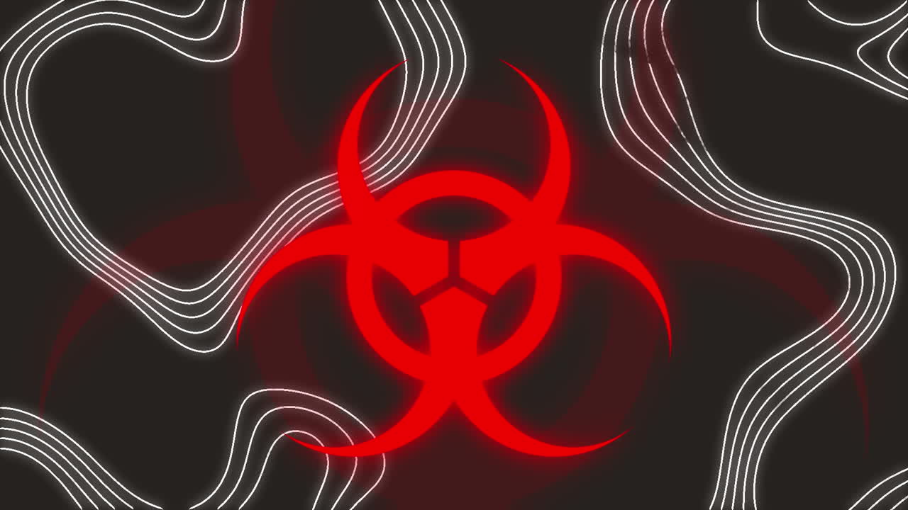 검은색 배경의 경고 표지판 위에 움직이는  ⁇ 색 선의 애니메이션