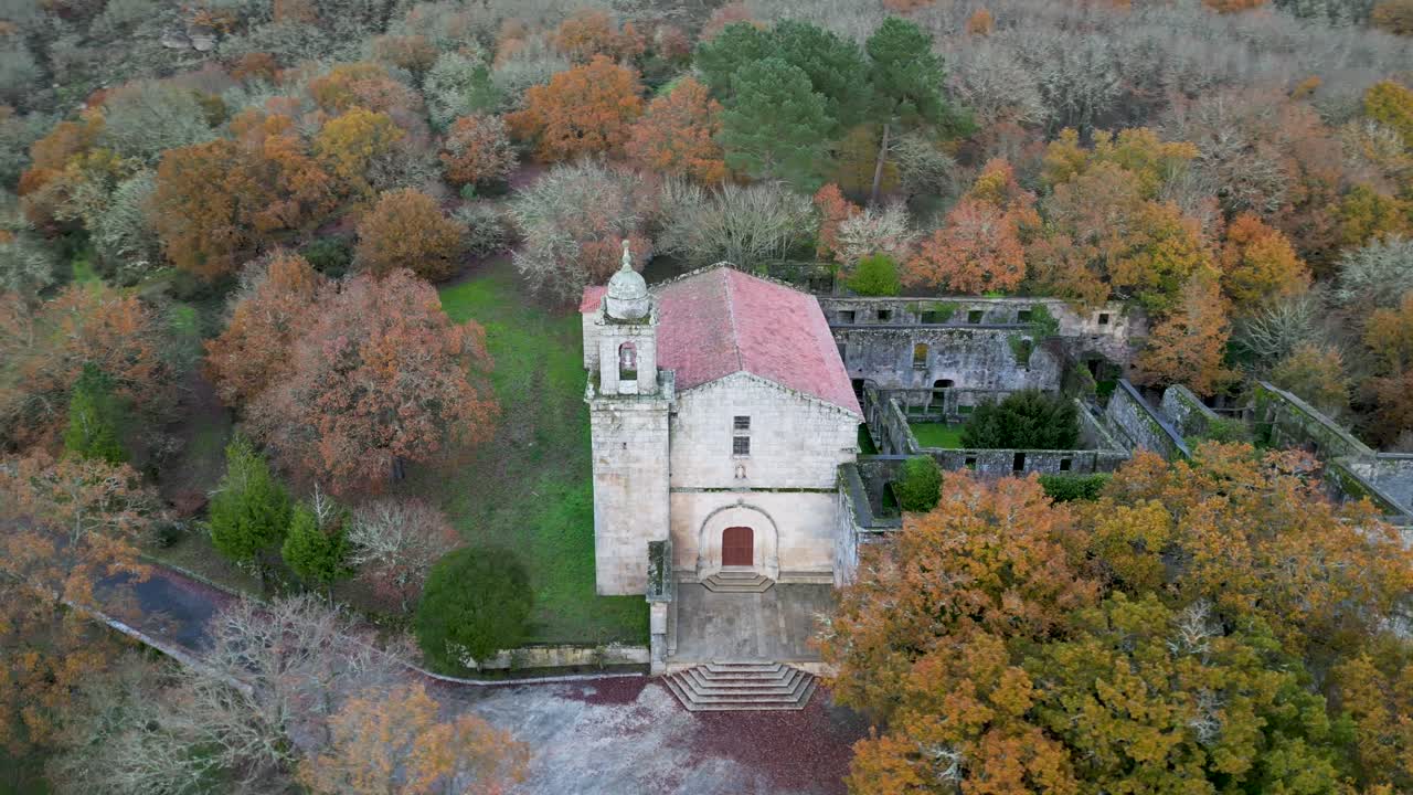 Orbit around entrance of old monastery bon xesus de trandeiras, xinzo de limia ourense, spain