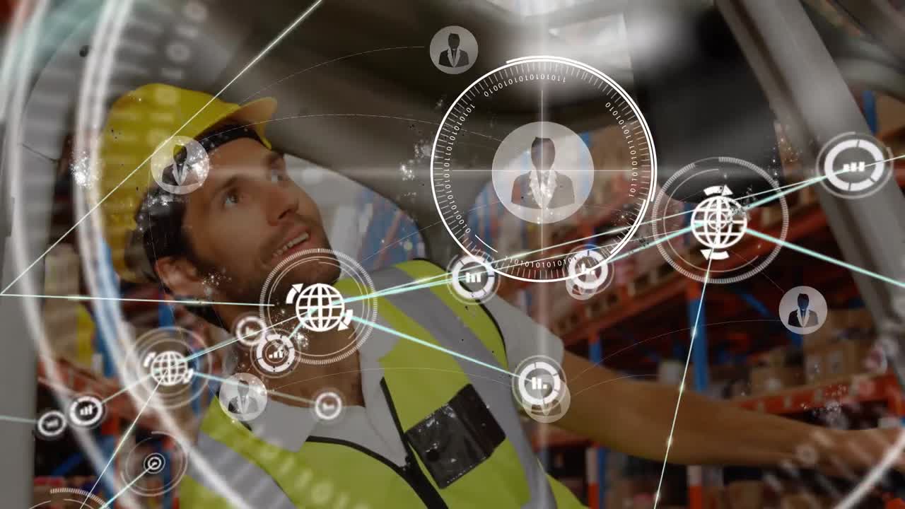 animación del procesamiento de datos sobre un trabajador masculino caucásico en un almacén