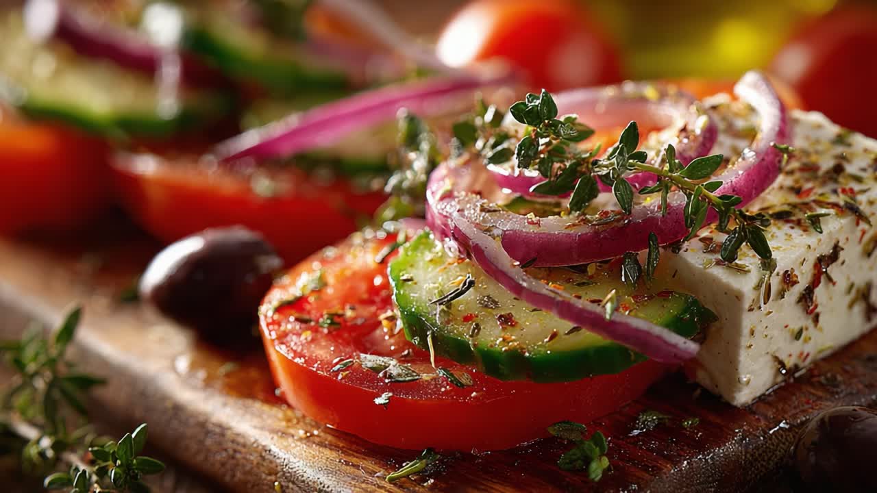 Fresh and Flavorful Mediterranean Salad Featuring Heirloom Tomatoes, Crisp Cucumbers, Red Onions, and Aromatic Herbs on a Rustic Wooden Board